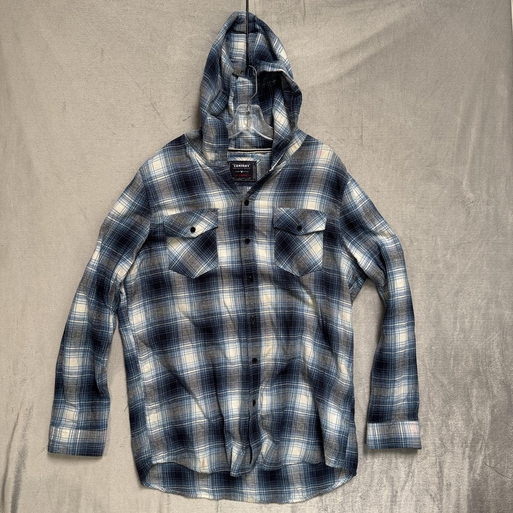 Company Eighty One Shirt Mens XL Blue Plaid Hooded Flannel Button Up Long Sleeve